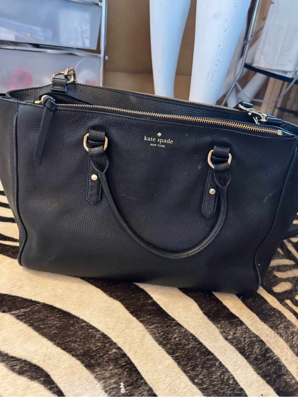 kate spade black leather tote with gold hardware